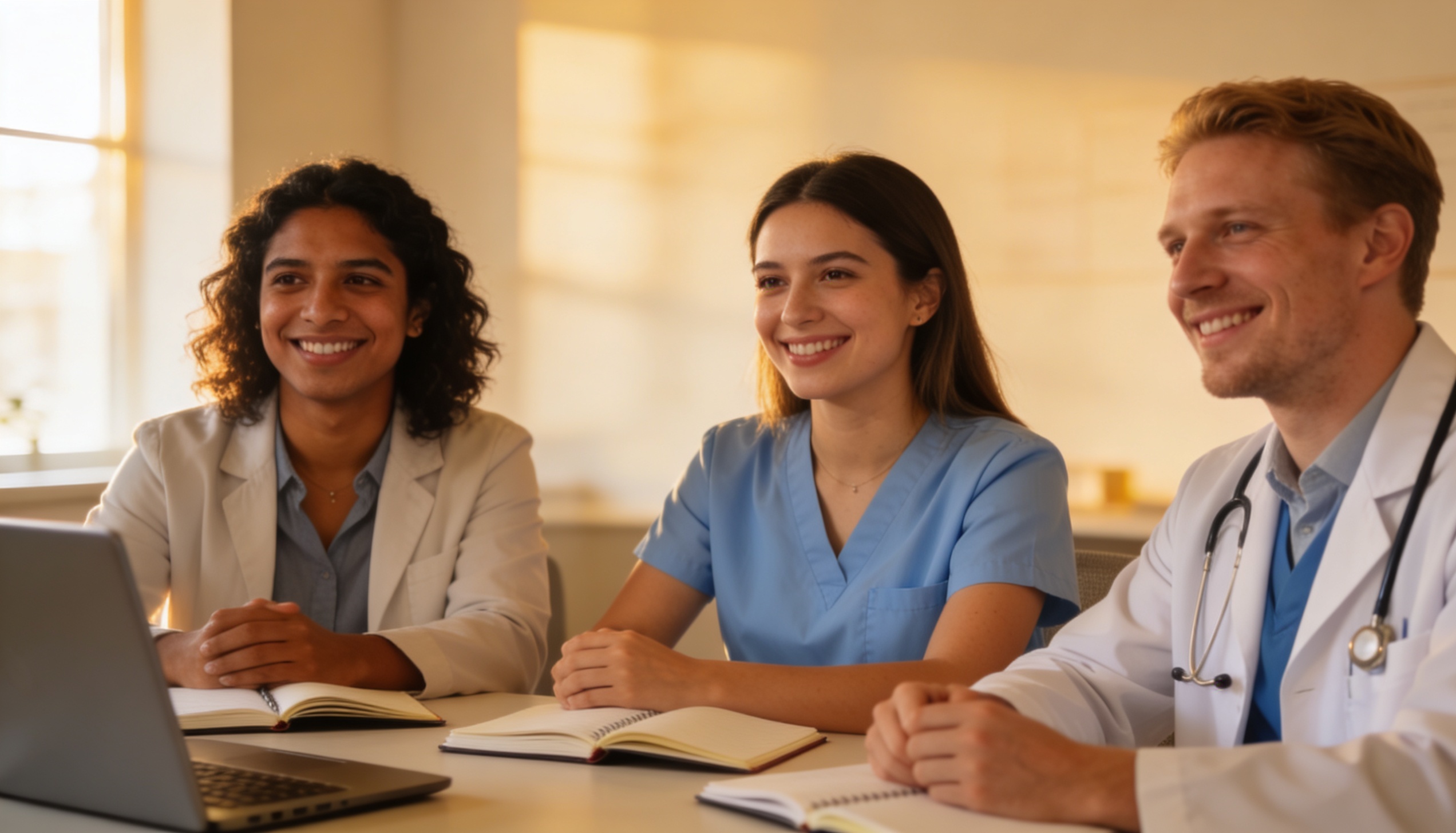 Equipo clinico sonriendo en una reunion de planificacion para activar el flujo de nuevos pacientes.