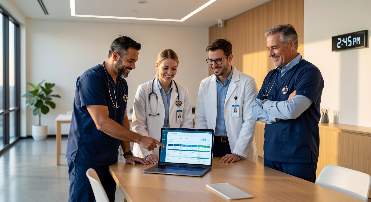 Equipo clinico revisando un tablero digital de trabajo alrededor de una laptop en la clinica.