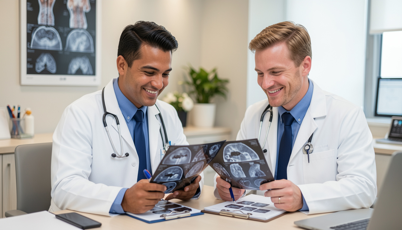 Especialistas revisando imagenes medicas y notas clinicas antes de confirmar la cita.