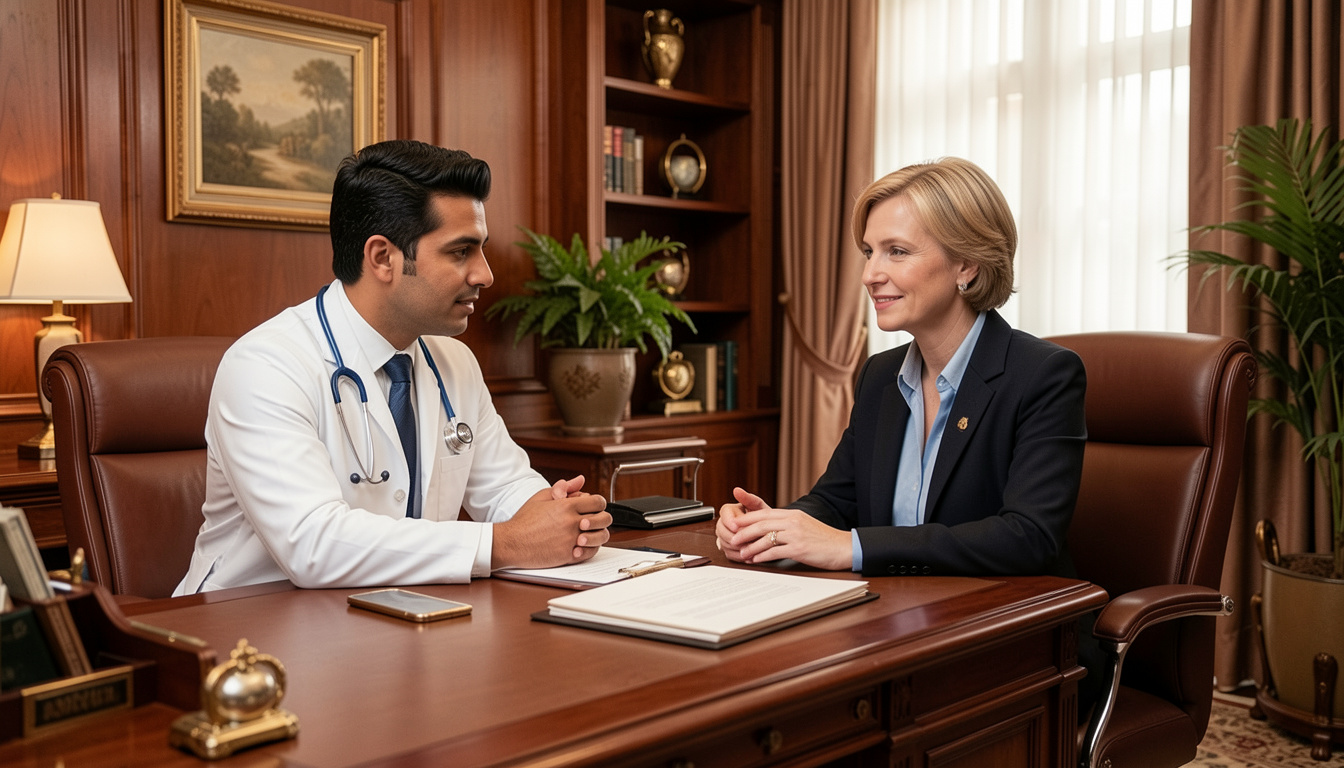 Medico y paciente conversando en una consulta privada de alto nivel dentro de una clinica.