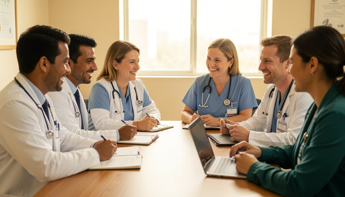Equipo medico reunido alrededor de una mesa planificando como recibir mejor cada caso antes de la cita.