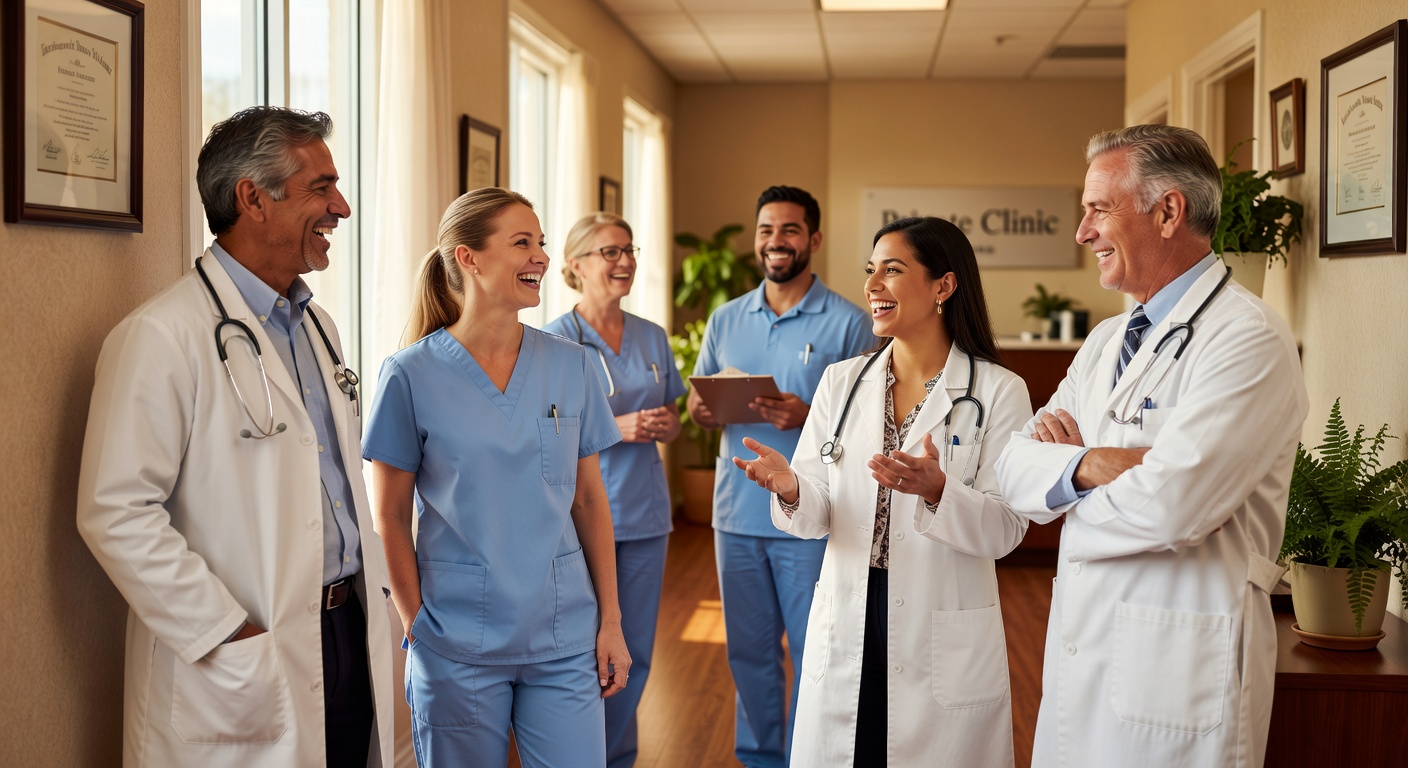 Equipo medico reunido en el pasillo de la clinica celebrando un flujo operativo mas ordenado.