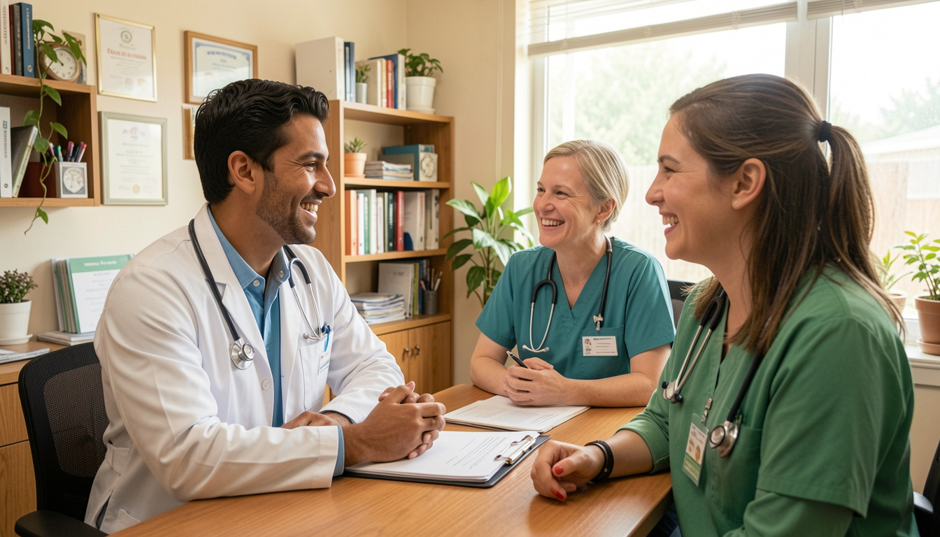 Equipo medico conversando con cercania en un consultorio privado mientras revisa el plan del caso.