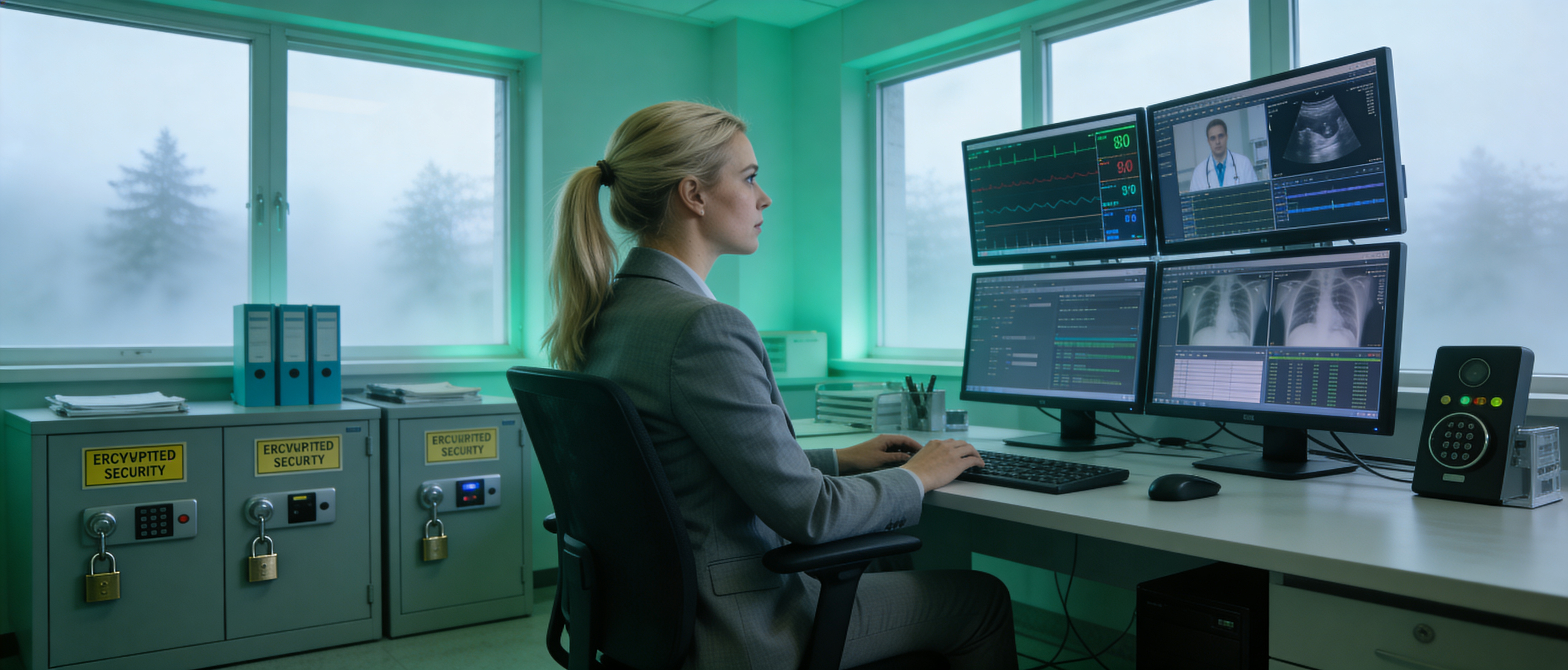Equipo de seguridad IT monitoreando datos clínicos