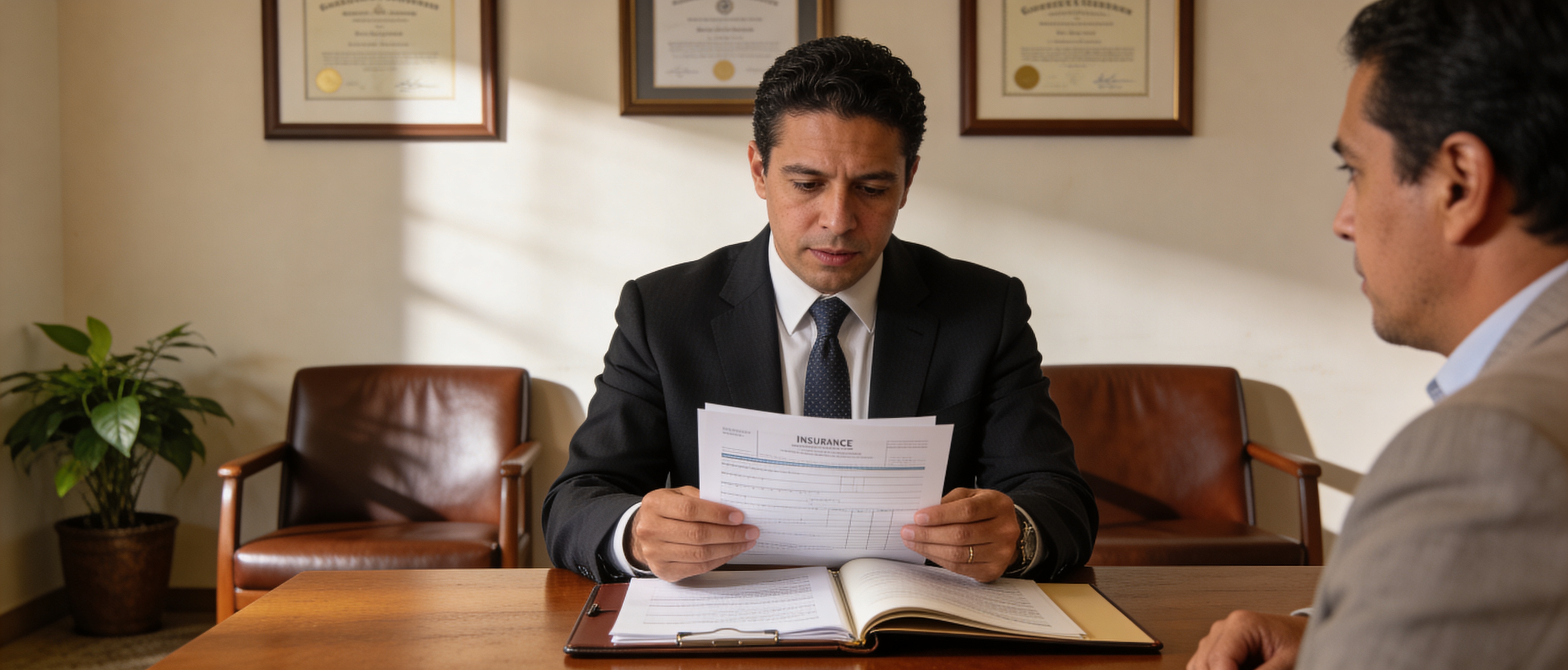 Insurance broker reviewing a policy and client documents before handling the case.